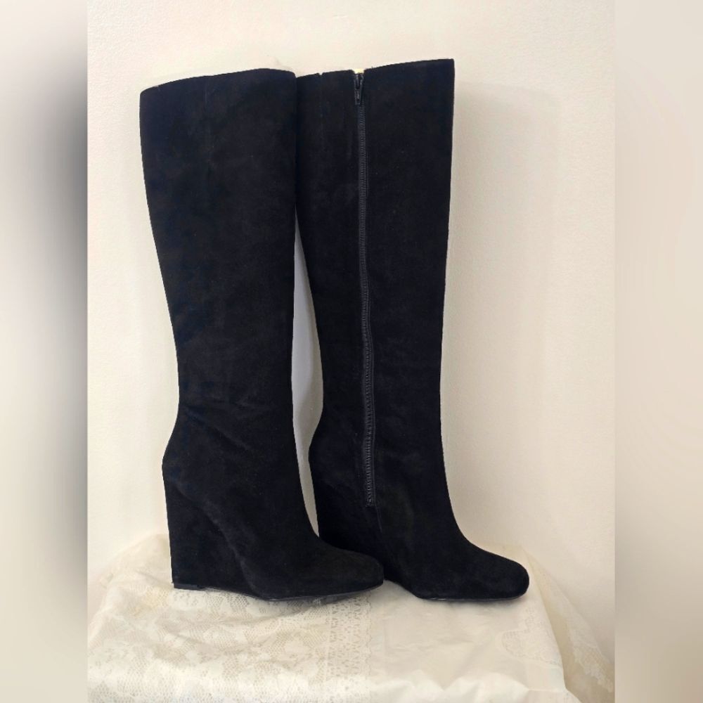Nine West Elegant Black Suede Knee-High Wedge Boots New No Box